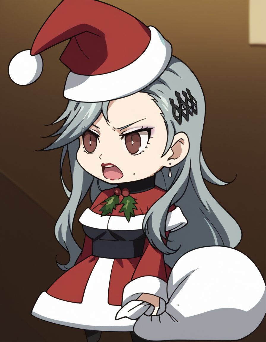 score_9, score_8_up, score_7_up, source_anime, <lora:sae-niijima-s1-ponyxl-lora-nochekaiser:1>, sae niijima, long hair, hair ornament, brown eyes, grey hair, makeup, lipstick, mole under mouth, red lips, medium breasts, mature female, anime screencap, <lora:padoru-ponyxl-lora-nochekaiser:1>, padoru, padoru (meme), holding sack, sack, santa hat, meme, christmas, open mouth, chibi, red capelet, santa dress, capelet, fur-trimmed headwear,, , dutch angle, cowboy shot