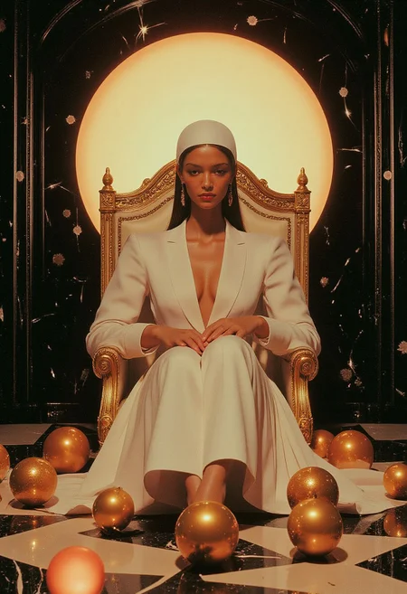 A retro futuristic lorenastyle woman sitting regally on an ornate, golden throne. I know it's weird but just put golden Christmas baubles everywhere please. The woman is dressed in a retro futuristic white nightgown. Big golden baubles are distributed on the woman's nightgown. The nightgown has long, puffy sleeves and a deep V-neckline, revealing a hint of cleavage. Her face is covered by a bridal veil. Her hair is long, cascading down her back in gentle waves. She is adorned with large, gold earrings that dangle elegantly, and she gazes directly at the camera with a serene slightly sad expression. The throne is massive and intricately designed with gold accents and intricate carvings, featuring a high back with a decorative crown at the top. There are many big golden baubles of different sizes around the throne and on the woman. The reason for the baubles is unclear. Behind her, a large, golden circle is illuminated, casting a warm, ethereal glow that highlights her and the throne. The background is a dark, mosaic wall with a glossy finish, adding to the luxurious and opulent atmosphere. I love random baubles, it's Christmas soon! The floor is also marble, with a black and gold pattern that complements the throne's color scheme. The overall composition exudes a sense of grandeur and royalty, blending elements of classical and modern aesthetics in a visually striking manner. retro futuristic clothing style, chromatic grain