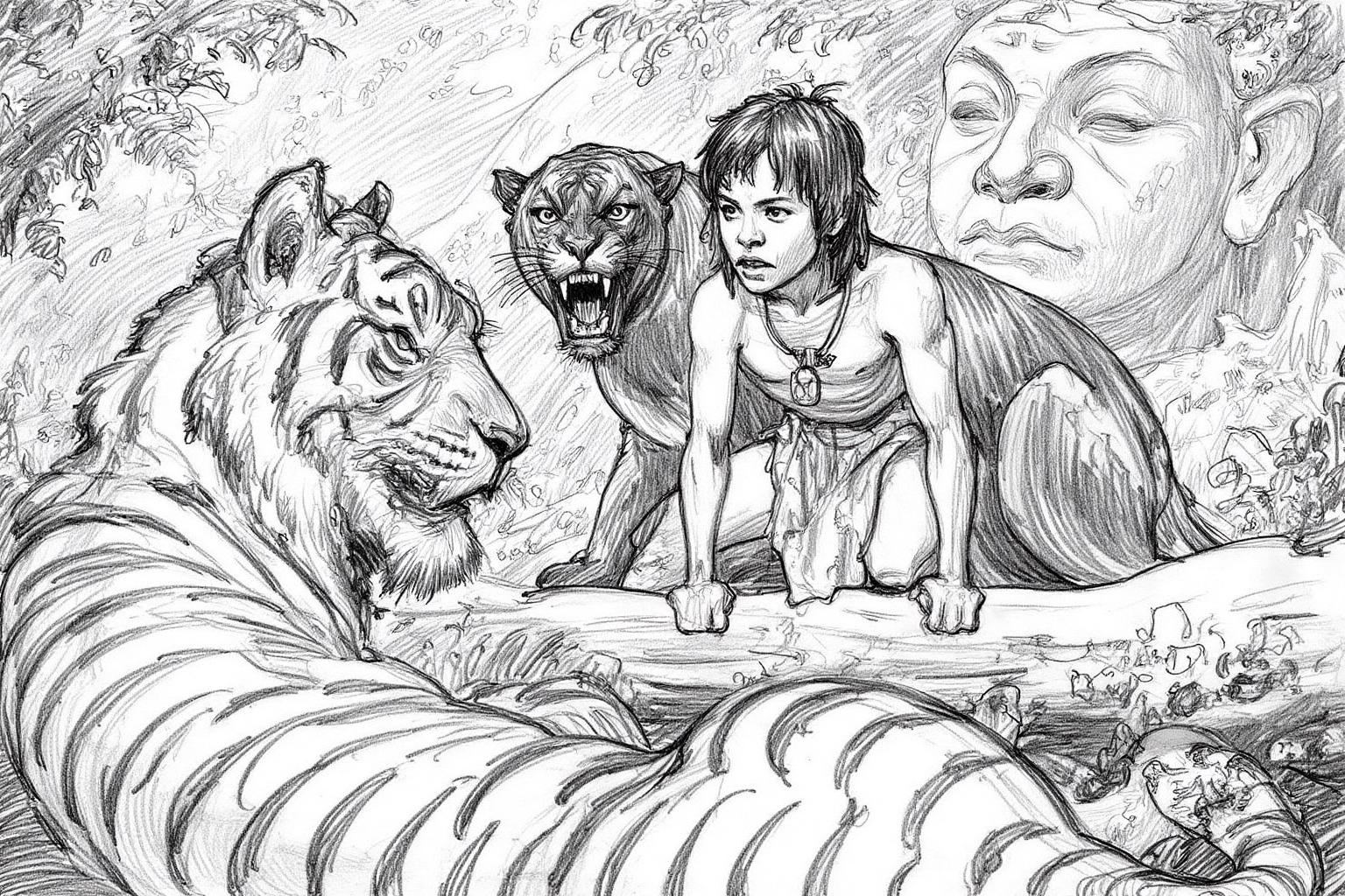 pencil sketch.
Mowgli from The Jungle Book, a young boy wearing a loincloth, is crouching on a branch. There is a black panther growling behind him. On the left stands a tiger, with its back to the viewer, and its head shown in profile. The background is filled with dense foliage. The head of a giant statue is visible in the top right corner. <lora:iainmccaig1_cap_d8a4e12:1.0><lora:864353444436146056:0>