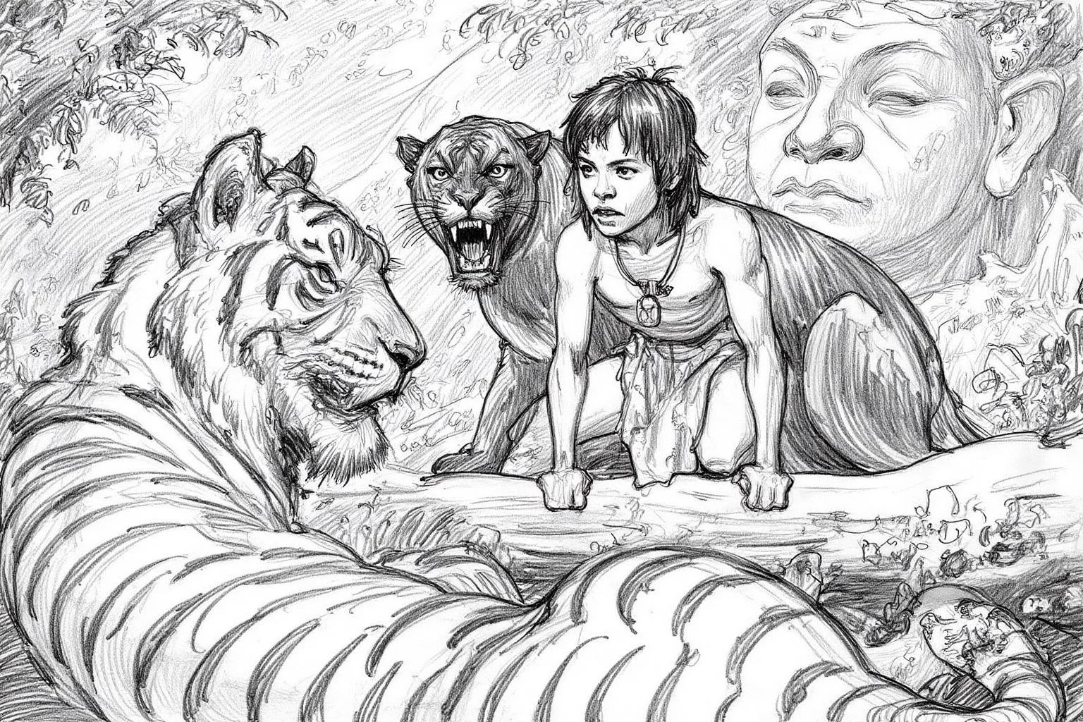 pencil sketch.
Mowgli from The Jungle Book, a young boy wearing a loincloth, is crouching on a branch. There is a black panther growling behind him. On the left stands a tiger, with its back to the viewer, and its head shown in profile. The background is filled with dense foliage. The head of a giant statue is visible in the top right corner. <lora:iainmccaig1_cap_d8a4e12:1.0><lora:864353444436146056:0>