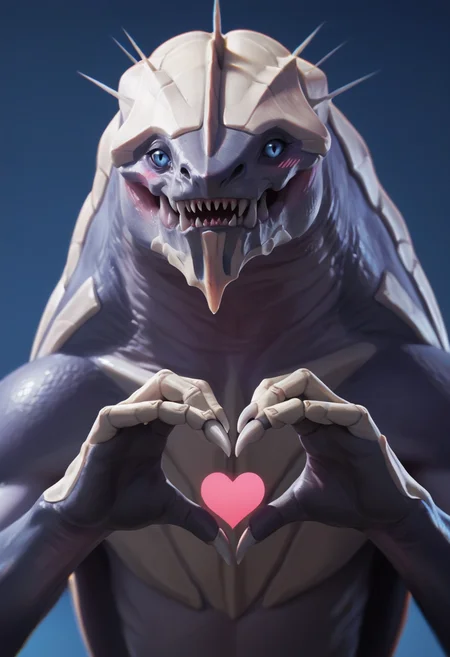score_9, score_8_up, score_7_up, score_6_up, score_5_up, score_4_up, 1girl, source_furry, source_monster, <lora:Khanivore:0.9> solo, monster, blue eyes, upper body, heart hands, smile, blush, eyes half closed, teeth, sharp teeth, looking away,
light blue background, simple background, realistic,