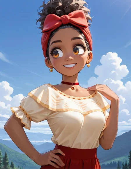 masterpiece, best quality, amazing quality, very aesthetic, absurdres, newest, detailed background, 4k, 8k, outdoors,
doloresxd, 1girl, dark skin, dark-skinned female, solo, hand on hip, earrings, jewelry, smile, outdoors, black hair, hair bow, medium breasts, shirt, skirt, choker, red bow, day, cloud, sky, hand up, nature
<lora:Dolores_Madrigal_-_Disney_Illustrious:1>