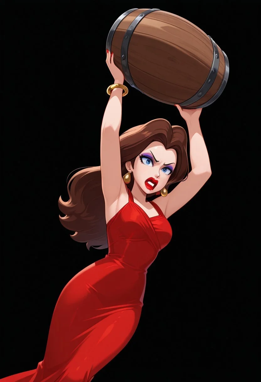 paulineILL, jewelry, earrings, long hair, makeup, brown hair, blue eyes lipstick, eyeshadow, red sleeveless dress, bracelet, red nail polish, mature female,
1girl, solo, simple background, black background, abbey, dynamic, holding, holding barrel, holding above head, throwing, dynamic, angry, dynamic angle, masterpiece, detailed highres, absurdres,