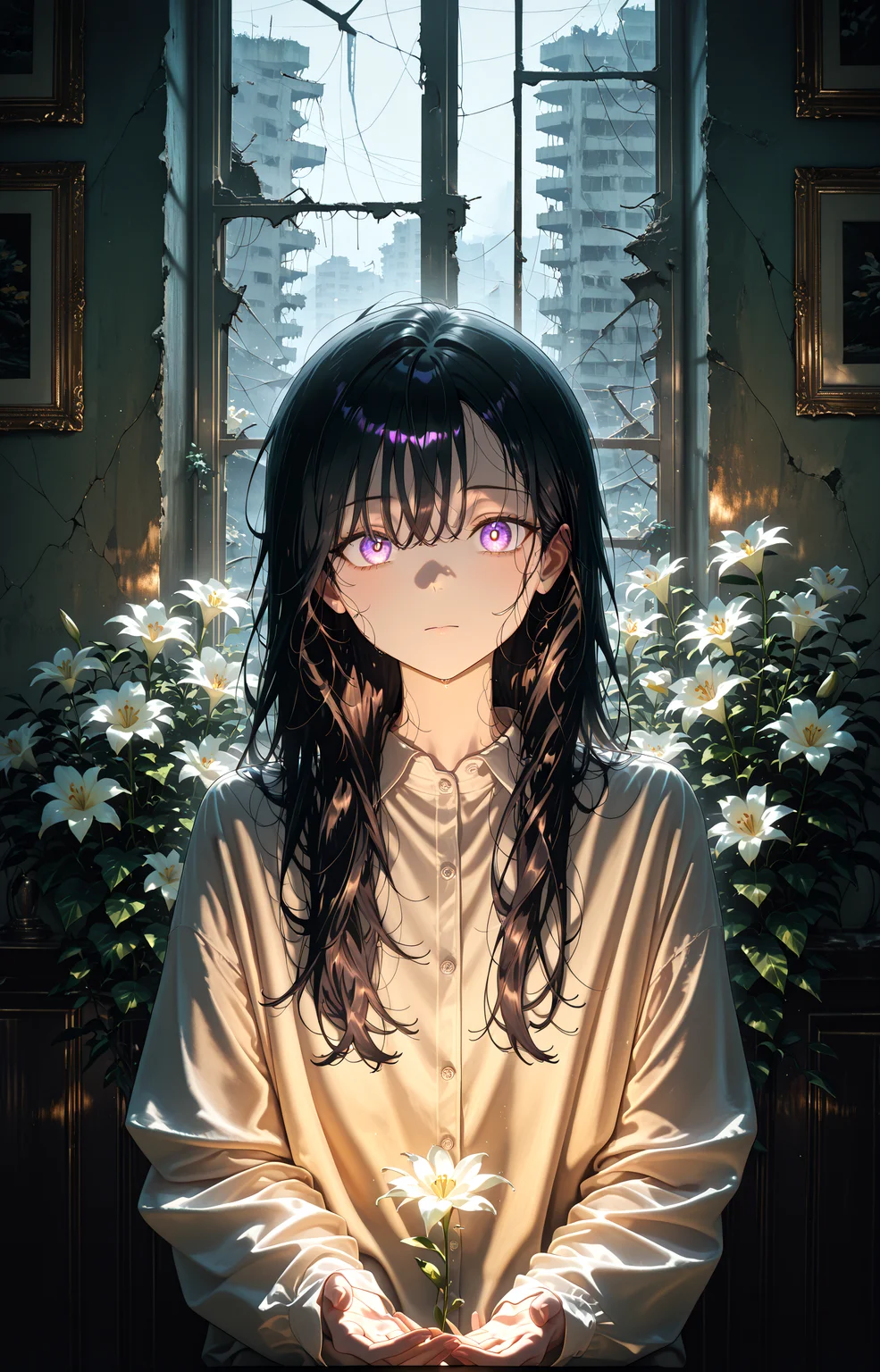 masterpiece, best quality, amazing quality, very aesthetic, absurdres, newest,
indoors,flower,ruins,small_window,
1girl,long hair,facelight
standing, (from front:1.5) very close-up upper body
looking_at_viewer,closed_eyes,v arms open_hands,
{{best_quality}},{{amazing_quality,very_aesthetic}},
masterpiece, best quality, amazing quality, very aesthetic, absurdres, newest, volumetric lighting,<lora:spo_sdxl_10ep_4k-data_lora_webui:1> <lora:KonyaKarasue-Lokr-NOOBEPS110:1> <lora:VenetianLightingILL:1>