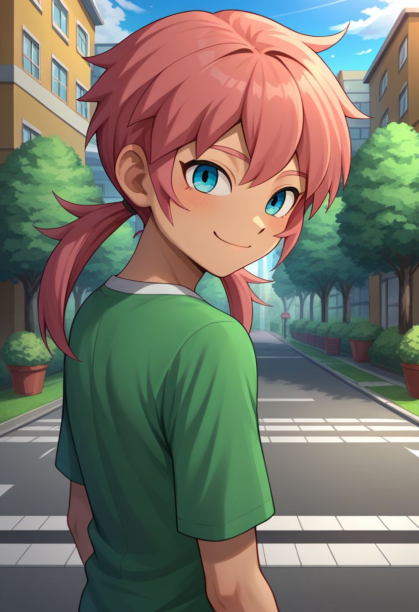 score_9, score_8_up, score_7_up, source_anime, highly detailed, 1boy, solo, male_focus, skinny, slender, cute, 
gabi_ina, male focus, 1boy, solo, twintails, pink hair, blue eyes, bermuda short, shirt, green shirt, happy, smile, closed mouth,
outside, street, back, looking back, looking at viewer,