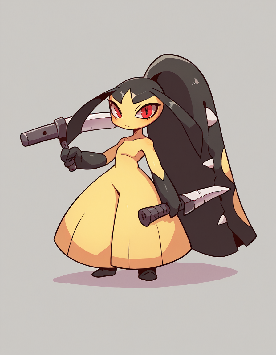 zPDXL, score_9, score_8_up, score_7_up, source_anime, 1girl, solo, 
<lora:Mawile_v2:0.8> mawile, pokemon \(creature\), red eyes, colored skin, extra mouth, multicolored skin, yellow skin, two-tone skin, black skin, ponytail, holding weapon, <lora:diives_v2:0.8> diives