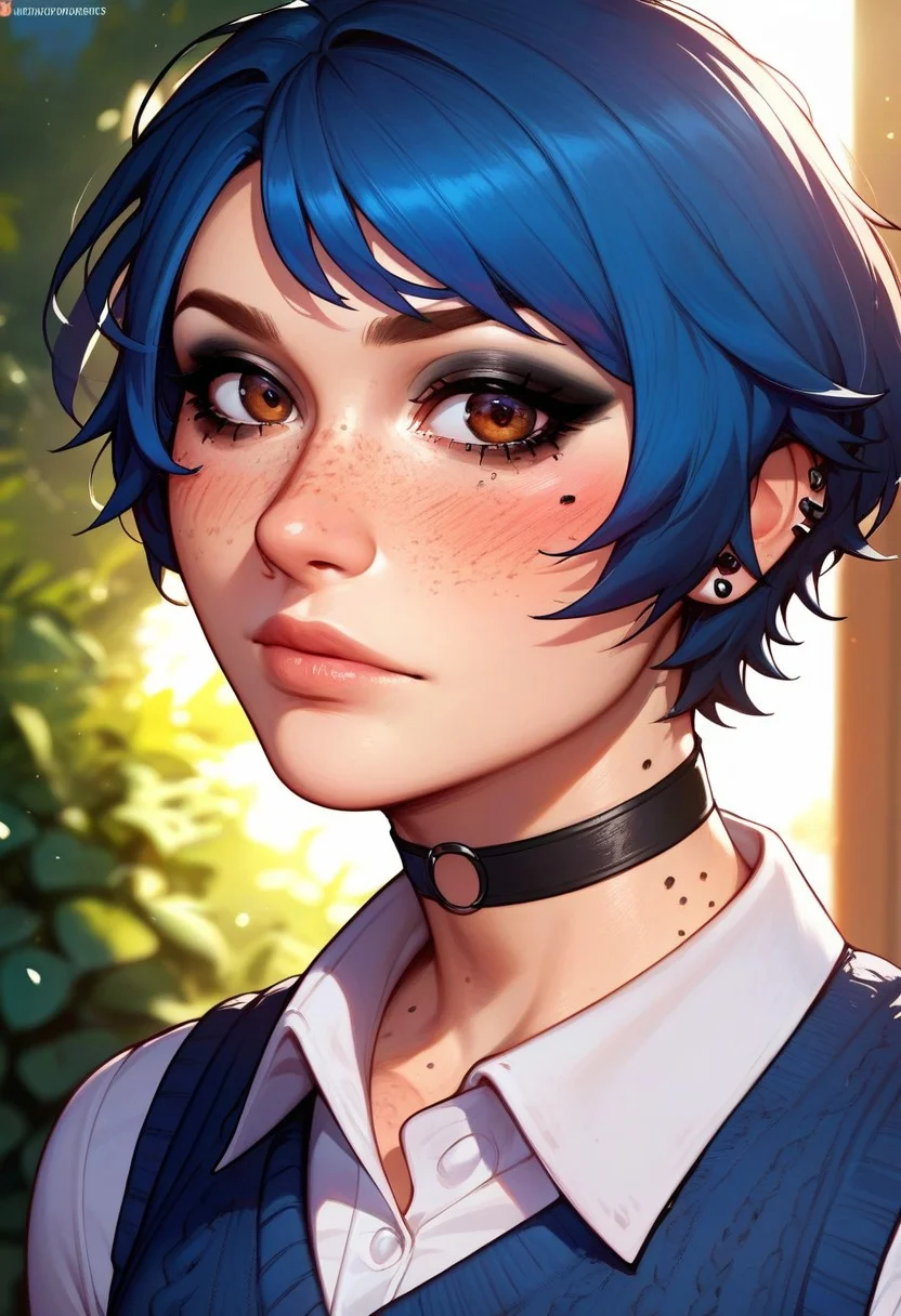 score_9, score_8_up, score_7_up,
rating_safe,
2d, cartoon, source_cartoon,
best quality, highly detailed, ultra high quality, masterpiece, high res, sidelighting, backlighting, depth of field,
MediatedThroughStyle,
(trap), (femboy),
solo,
goth,
freckles, freckles on body, freckles on face,
black makeup, brown eyes,
blue hair,
short hair,
nerdy clothes,
choker, dark blue sweater vest, white button up shirt, collared shirt,
blushing, shy,
looking at viewer,
unique perspective, face, close-up, face focus, upper body,