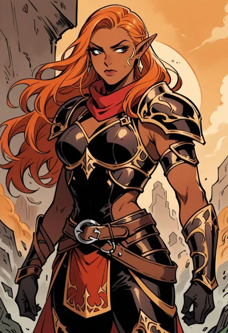 aeshtetic, safe, masterpiece, best quality, solo, face portrait, Female Blood Elf, tan skin, long hair, orange hair, asymmetrical hair, Black halter top vest, brown laces, red scarf, single spiked shoulderpad, black armbands, studdled leather gloves, iron armor belt, black leather pants, red half-kilt, iron waist armor, Black boots brown laces