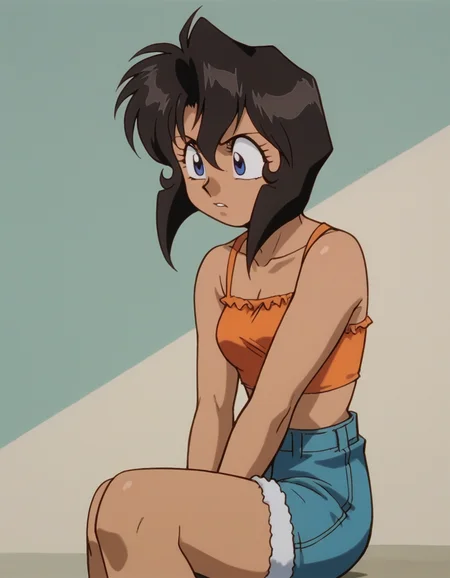 zPDXL, score_9, score_8_up, score_7_up, source_anime, 1girl, solo,
<lora:Gunsmith_ver3:1> gnsmth, rally, dark-skinned female, black hair, blue eyes, short hair , speaking, talking, knees_to_chest, wearing Fringed leather crop top, beaded buckskin shorts, beaded headband, moccasins with beadwork, rattle,