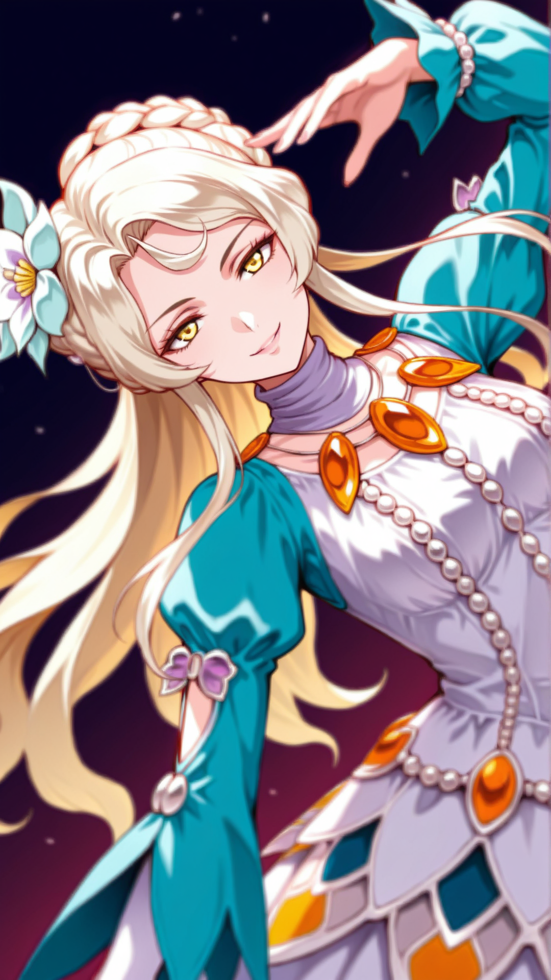 source_anime, general, best quality, masterpiece, 1girl,  <lora:Sasha_ill_v1.0:1> sasha\(scarlet grace\),yellow eyes, long hair, blonde hair,white hair,hair ornament, hair flower, puffy sleeves, jewelry, long sleeves, necklace, dress, juliet sleeves,dynamic pose, dutch angle, seductive smile,