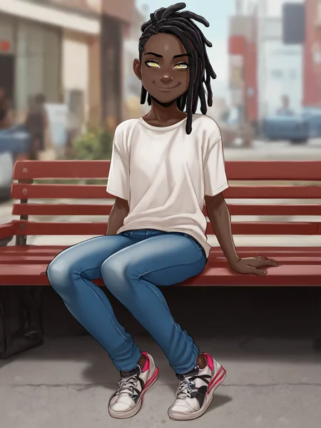 score_9, score_8_up, score_7_up, score_6_up, BREAK, LilTaniyah, Andystyle, 1girl, flat chest, black hair, dreadlocks, dark skin, yellow eyes, closed mouth, smile, white shirt, jeans, sneakers <lora:LilTaniyah:1>