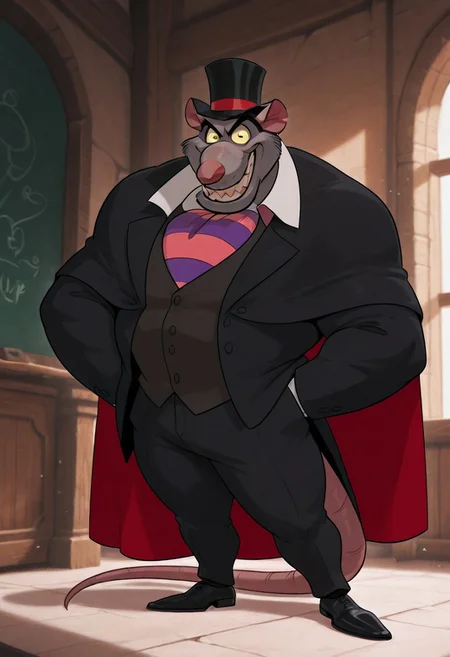 core_9, score_8_up, score_7_up, score_6_up, score_5_up, score_4_up, detailed background, detailed face, 1boy, solo, disney style, cape, sharp teeth, bara, cartoon, wide body, purple and red striped tie, pink rat nose, black jacket, blue circles around eyes, yellow whites of eyes, styled hair, professor ratigan, short legs, furry, sly smile, disney style, black pants, male, rat tail, rat, large body