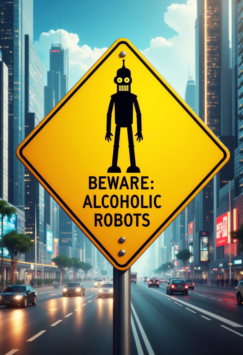 This image is a CGI-rendered scene set in a futuristic, high-tech cityscape. The central focus is a bright yellow diamond-shaped road sign with a black silhouette of Bender standing upright. Below the robot, the word "BEWARE: ALCOHOLIC ROBOTS" is written in bold, uppercase letters in black