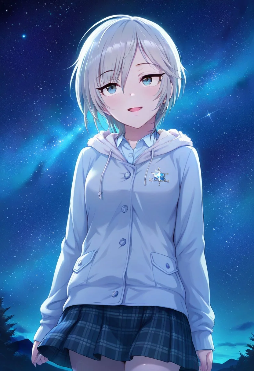 masterpiece,best quality,amazing quality, anastasia, short hair, grey hair, blue eyes, 1girl, star (sky), starry sky, solo, sky, night, night sky, smile, skirt, open mouth, plaid