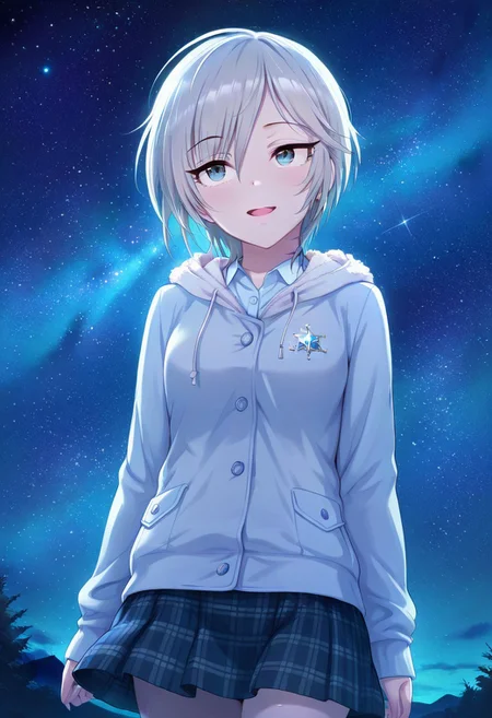 masterpiece,best quality,amazing quality, anastasia, short hair, grey hair, blue eyes, 1girl, star (sky), starry sky, solo, sky, night, night sky, smile, skirt, open mouth, plaid