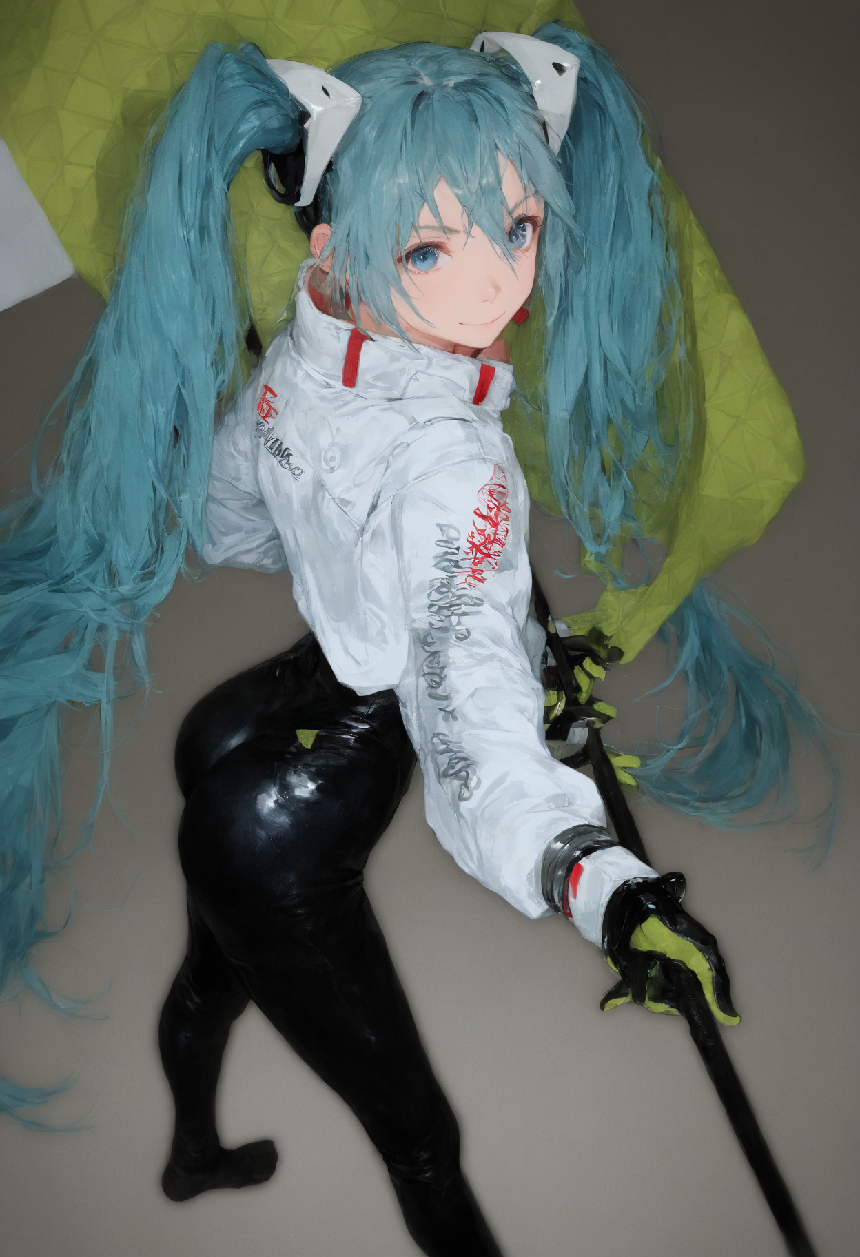 score_9,score_8_up,score_7_up,,source_anime BREAK ,     full body, ,RHM22, hatsune miku, 1girl, racing miku, solo, green gloves, twintails, gloves, long hair, bodysuit, smile, looking at viewer, very long hair, ass, blue eyes, black bodysuit, holding, two-tone gloves, aqua hair, hair between eyes, closed mouth, jacket, holding flag, foreshortening, long sleeves, flag, white jacket, smiley face, from above, feet out of frame<lora:RayfullyFor Pony v0.2_epoch_20:1>,<lora:ã¬ã¼ã·ã³ã°ãã¯22:1>