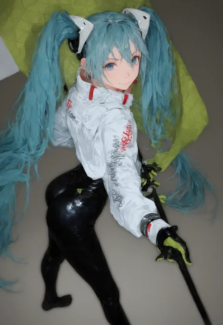 score_9,score_8_up,score_7_up,,source_anime BREAK , full body, ,RHM22, hatsune miku, 1girl, racing miku, solo, green gloves, twintails, gloves, long hair, bodysuit, smile, looking at viewer, very long hair, ass, blue eyes, black bodysuit, holding, two-tone gloves, aqua hair, hair between eyes, closed mouth, jacket, holding flag, foreshortening, long sleeves, flag, white jacket, smiley face, from above, feet out of frame<lora:RayfullyFor Pony v0.2_epoch_20:1>,<lora:ã¬ã¼ã·ã³ã°ãã¯22:1>