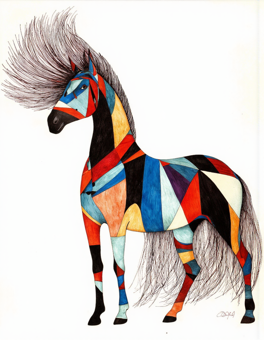 By Rébecca Dautremer. A stylized, abstract, geometric illustration of a horse with a flowing mane made up of multicolored geometric shapes in black, red, blue, yellow, and orange, set against a plain white background. the horse is positioned in the center of the image, facing towards the right side, with its head turned slightly to the left, and its mane and tail flowing in the wind. the mane is adorned with a spiky mane, and the colors blend together to create a vibrant and dynamic composition. the style is reminiscent of native american art, with bold lines and geometric shapes that create a sense of movement and energy. the overall effect is a striking and eye-catching piece of art that is sure to captivate the viewer.