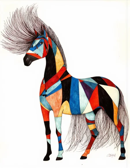 By Rébecca Dautremer. A stylized, abstract, geometric illustration of a horse with a flowing mane made up of multicolored geometric shapes in black, red, blue, yellow, and orange, set against a plain white background. the horse is positioned in the center of the image, facing towards the right side, with its head turned slightly to the left, and its mane and tail flowing in the wind. the mane is adorned with a spiky mane, and the colors blend together to create a vibrant and dynamic composition. the style is reminiscent of native american art, with bold lines and geometric shapes that create a sense of movement and energy. the overall effect is a striking and eye-catching piece of art that is sure to captivate the viewer.