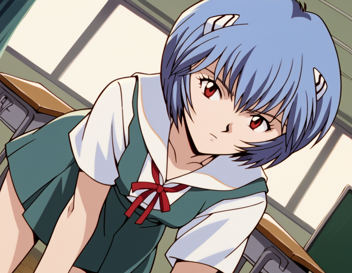 score_9, score_8_up, score_7_up, source_anime,
reiayanami,  <lora:rei-ayanami-classic-ponyxl-lora-nochekaiser:1>,
rei ayanami, ayanami rei, blue hair, short hair, red eyes,
skirt, shirt, ribbon, school uniform, white shirt, short sleeves, red ribbon, neck ribbon, tokyo-3 middle school uniform,
classroom, bent over,
cowboy shot, looking at viewer, solo, dutch angle,