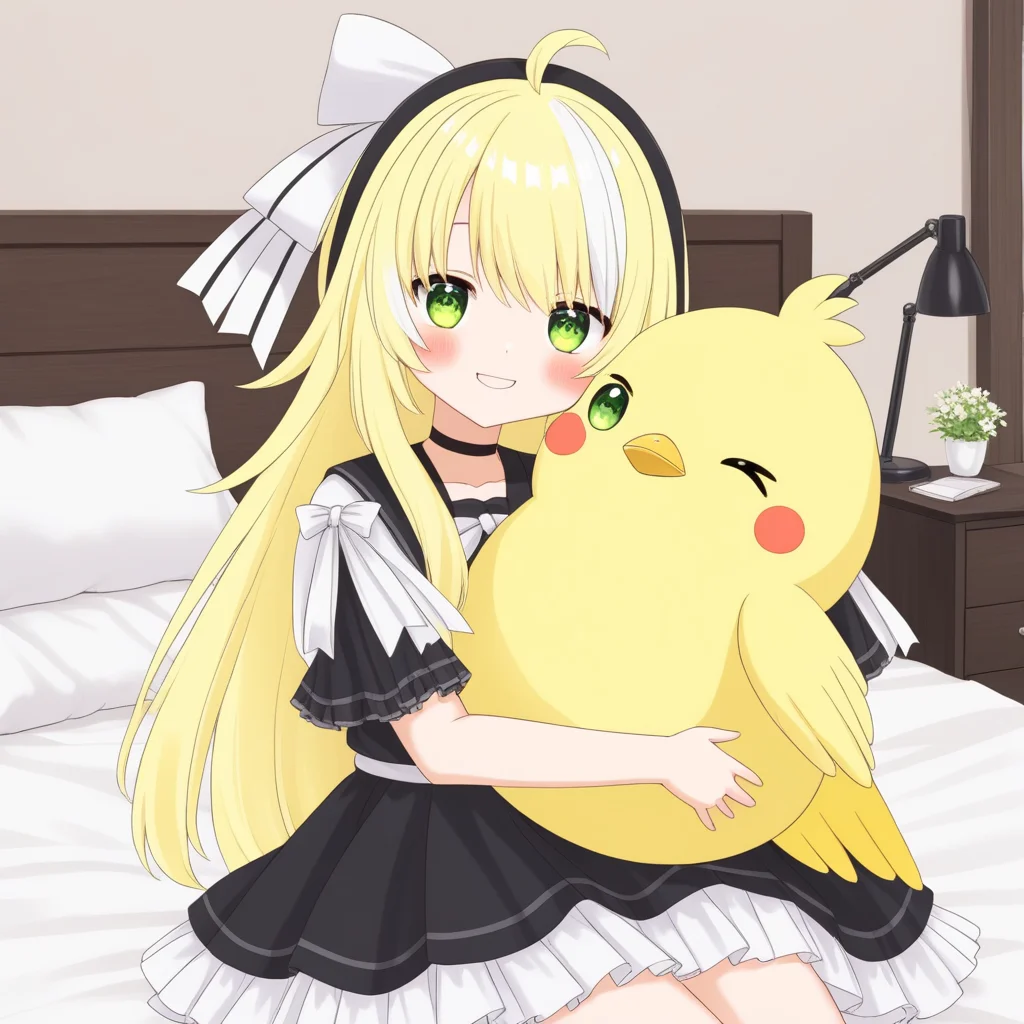 inis, blonde hair, ahoge, streaked white hair, green eyes, black headband with white ribbon, virtual youtuber,
anime drawing, hugging a giant yellow bird plushie, happy, bedroom, indoors,
<lora:INIS-XL-t2-000003:0.6>