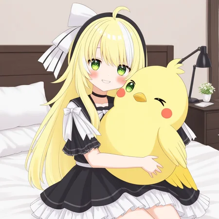 inis, blonde hair, ahoge, streaked white hair, green eyes, black headband with white ribbon, virtual youtuber, 
anime drawing, hugging a giant yellow bird plushie, happy, bedroom, indoors, 
<lora:INIS-XL-t2-000003:0.6>