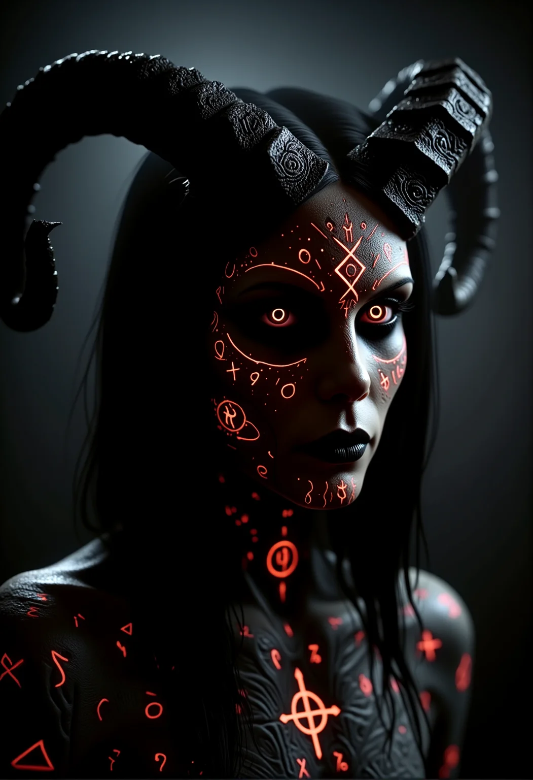 . A close-up shot of a dark priestess, seen from the side highlighting the intricate runes carved into her face, her horns fractured and covered in glowing, blood-red symbols, her skin showing cracks along her cheeks and forehead with dark, pulsing light emanating from within, lit by the cold flashes of distant lightning, briefly illuminating her eyes with an unsettling gleam, <lora:bv-demonic-skin-runes.safetensors:0.7000000000000001:0.7000000000000001>