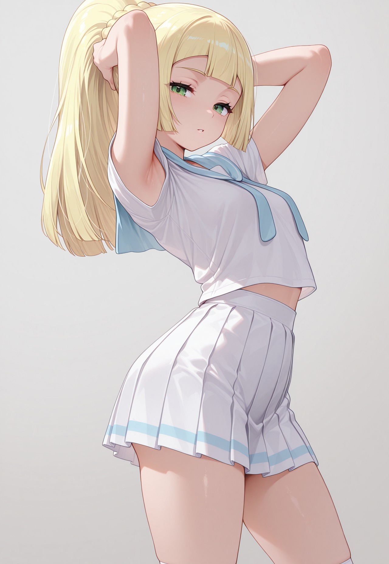 masterpiece, best quality, amazing quality, 

lillie (pokemon), long hair, ponytail, braid, blunt bangs, green eyes, white shirt, short sleeves, white skirt, pleated skirt, sailor collar, white socks, white footwear, 

1girl, cowboy shot, from side, thigh focus, head tilt, looking at viewer, half-closed eyes, expressionless, parted lips, arched back, arms behind head, hand in own hair, armpits, legs apart