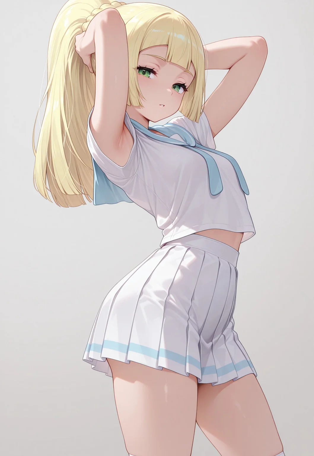 masterpiece, best quality, amazing quality, 

lillie (pokemon), long hair, ponytail, braid, blunt bangs, green eyes, white shirt, short sleeves, white skirt, pleated skirt, sailor collar, white socks, white footwear, 

1girl, cowboy shot, from side, thigh focus, head tilt, looking at viewer, half-closed eyes, expressionless, parted lips, arched back, arms behind head, hand in own hair, armpits, legs apart