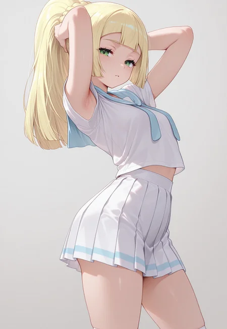 masterpiece, best quality, amazing quality, 

lillie (pokemon), long hair, ponytail, braid, blunt bangs, green eyes, white shirt, short sleeves, white skirt, pleated skirt, sailor collar, white socks, white footwear, 

1girl, cowboy shot, from side, thigh focus, head tilt, looking at viewer, half-closed eyes, expressionless, parted lips, arched back, arms behind head, hand in own hair, armpits, legs apart