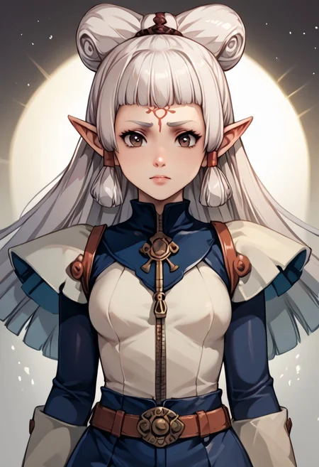 score_9, score_8_up, score_7_up, score_6_up, score_5_up, score_4_up, source_anime, , (best quality) , (highly detailed) , (best quality) , (highly detailed) ,((masterpiece)), ((best quality)), (ultra-detailed), ((extremely detailed)), (high resolution), 4K, (8K), best quality, (beautiful), (dynamic lighting), (super detailed skin), sharp focus, (1_girl, solo focus), masterpiece ,absurdres ,detailed face ,beautiful face , Shiny Skin, bowpaya, paya, elf ears, pointy ears, White hair, pointy ears, brown eyes, forehead mark
light rays, (light particles),
pauldrons, belt, bodysuit, zipper, chain, badge, elbow pads,, gloves,
(portrait, Upper body), OverallDetail,