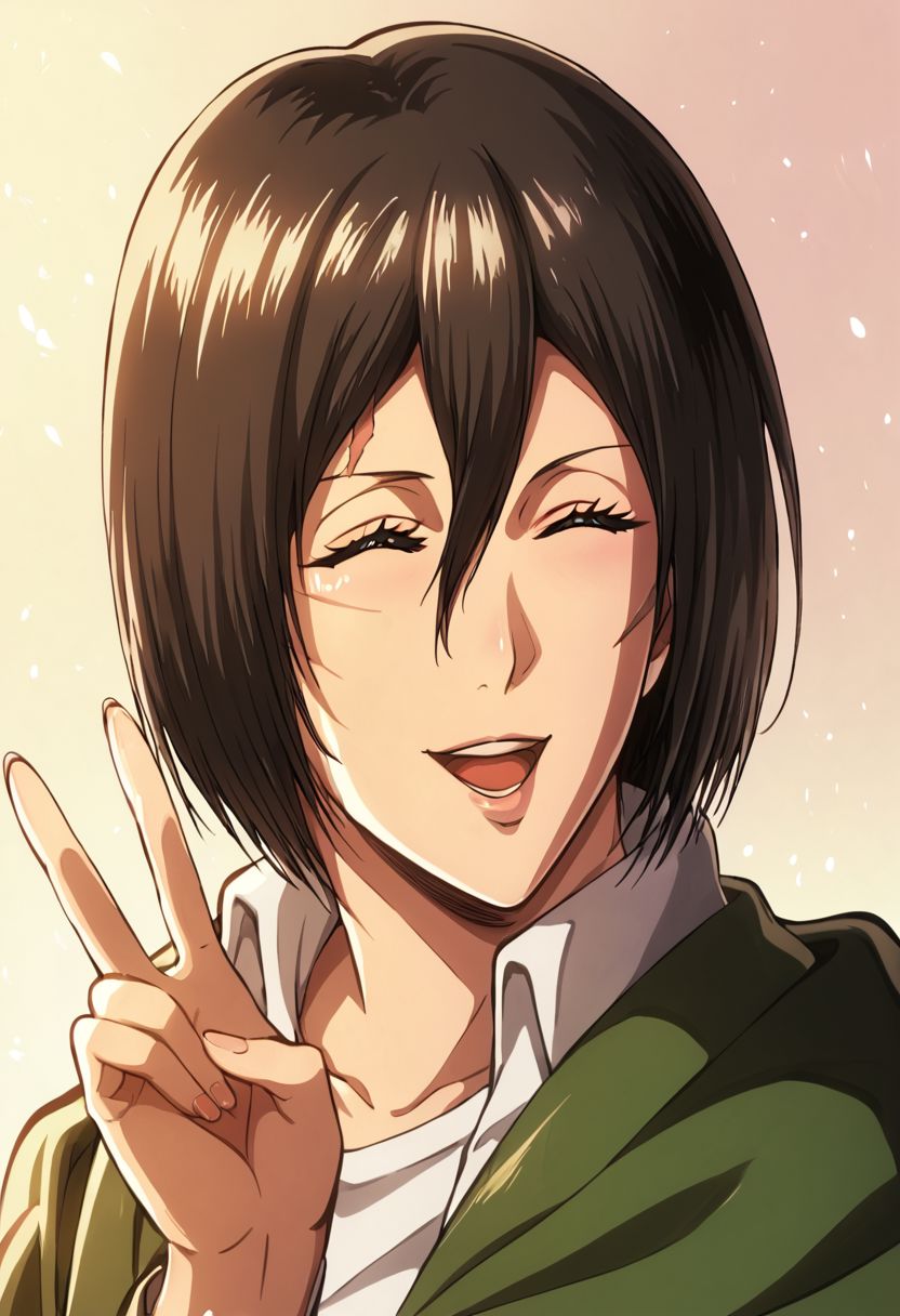 1girl,mikasa ackermann, beautiful face, detailed eyes, detailed face, scar on right cheek, smiling, mouth open, eyes closed, peace sign with one hand