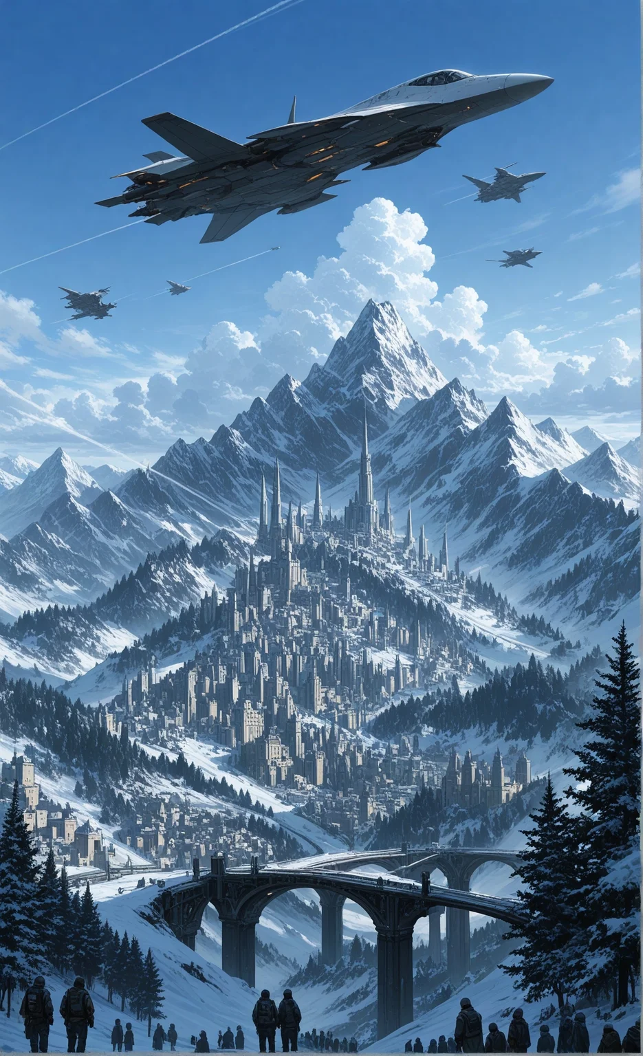 masterpiece, best quality, amazing quality, very aesthetic, perfect eyes, 2boys, boy in background,
,outdoors, sky, day, cloud, blue_sky, tree, no_humans, cloudy_sky, building, scenery, nature, snow, science_fiction, forest, flying, city, mountain, aircraft, fantasy, airplane, multiple_others, bridge, mountainous_horizon, castle, ambiguous_gender, crowd, tower, landscape, spacecraft, contrail, people, jet, 6+others, airship,A stunning digital illustration featuring a futuristic cityscape with tall buildings, towering mountains, and a bridge over a river. The sky is a deep blue with a few clouds scattered across it. In the foreground, a group of people with their backs to the viewer, standing in a line, looking up at the cityscape. A large, sleek, futuristic spaceship is flying over the city. The cityscape is detailed with a mix of modern and traditional architecture. The overall style is reminiscent of sci-fi and fantasy art.