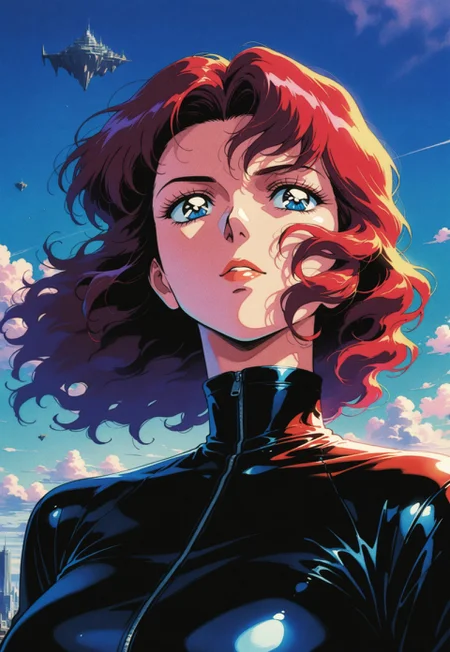 masterpiece, best quality, amazing quality, very aesthetic, high resolution, ultra-detailed, absurdres, deep highlights/shadows, volumetric lighting, colorful, scanlines, retro artstyle, retro illustration, knva BREAK (1girl), woman, (mature:1.2), redhead, medium-length curly hair, colorful motorcycle riding outfit, helmetless BREAK daytime, blue sky, city background, floating island districts, flying barges, (floating megastructures in the clouds) BREAK cinematic, from below, (face focus:1.3)