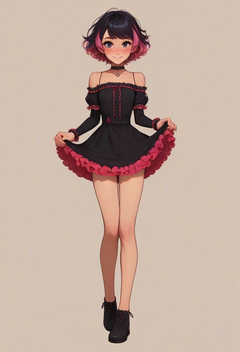 score_9, score_8_up, score_7_up, score_6_up, Roxy Spaulding, 1girl, 18 years old, perfect face, cute, petite, adorable face, detailed background, cozy interior background, medium distance, dynamic pose,
multicolored hair, black hair, purple hair, pink hair, short hair, black choker, necklace, black dress, frilled dress, bare shoulders, short sleeves, arm warmers, 
black clothes, pink clothes, teasing, skirt lifted by self,
blush, shy smile, full body shot, long legs, short dress, bare legs,