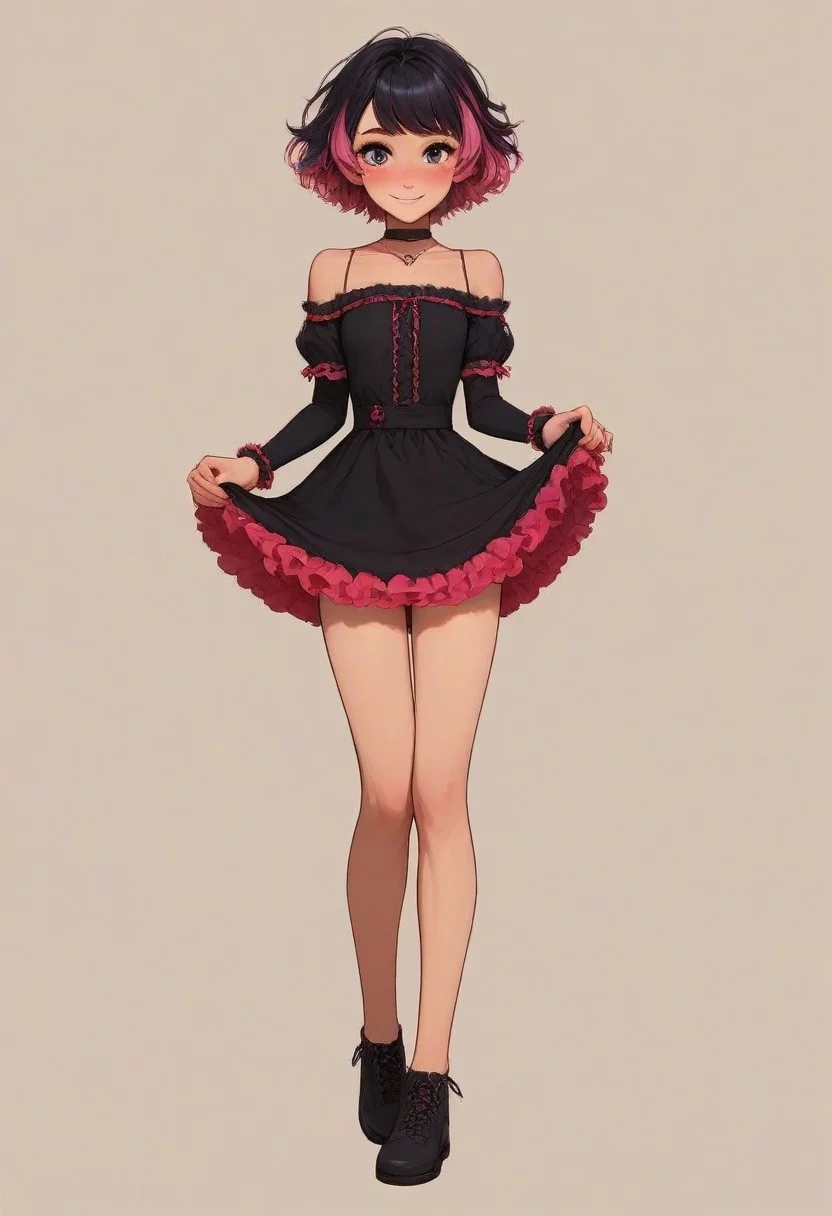 score_9, score_8_up, score_7_up, score_6_up, Roxy Spaulding, 1girl, 18 years old, perfect face, cute, petite, adorable face, detailed background, cozy interior background, medium distance, dynamic pose,
multicolored hair, black hair, purple hair, pink hair, short hair, black choker, necklace, black dress, frilled dress, bare shoulders, short sleeves, arm warmers,
black clothes, pink clothes, teasing, skirt lifted by self,
blush, shy smile, full body shot, long legs, short dress, bare legs,