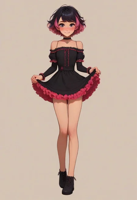 score_9, score_8_up, score_7_up, score_6_up, Roxy Spaulding, 1girl, 18 years old, perfect face, cute, petite, adorable face, detailed background, cozy interior background, medium distance, dynamic pose,
multicolored hair, black hair, purple hair, pink hair, short hair, black choker, necklace, black dress, frilled dress, bare shoulders, short sleeves, arm warmers,
black clothes, pink clothes, teasing, skirt lifted by self,
blush, shy smile, full body shot, long legs, short dress, bare legs,