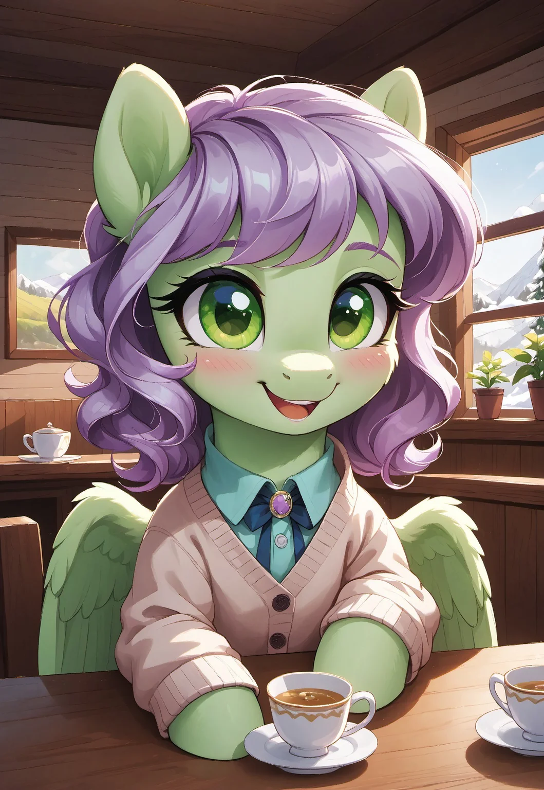 masterpiece, score_9_up, score_8_up, score_7_up, score_6_up, source_pony, (best quality:1.1), ultra-detailed, high resolution, solo, highly detailed macro illustration BREAK 1girl, feral pony, pegasus wings, (big beautiful Light green eyes), long eyelashes, (Light Purple Hair:1.5), Long Wavy Hair, (Light Green Fur:1.5), blushing, (happy expression, cute face:1.5), (wearing cozy oversized cardigan:1.3), sitting, (cup of tea:1.3) BREAK table, indoors, living room, warm light, (picture on the wall:1.2), winter, day BREAK sharp focus, perfect lighting, anatomically correct, extremely detailed, tranquil setting, high detail, detailed background, OverallDetail, zPDXL3
