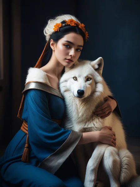 <lora:08SurealismArt_Hap_XL:1>, frida kahlo style, tilted angle, moody lighting, p3tl0v3, white wolf, hugging white wolf, dim lighting, medieval fantasy, perfect quality, high quality, photorealistic, sitting BREAK orange and blue hue, (abstract:0.2), expressiveH,