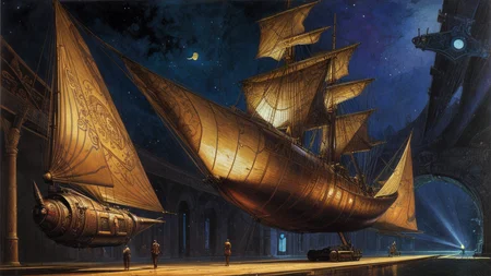 (masterpiece), painting, artwork, high detail, a single steampunk cruiser, chimneys and triangular sails, photorealistic, glorious, dramatic lighting, deviant art, <lora:Don_Lawrence_Storm_v1:1>, dlstormstyle, <lora:add_detail:1>, <lora:Moebius:0.6>, <lora:Nouveau_last:0.8>, art nouveau style,