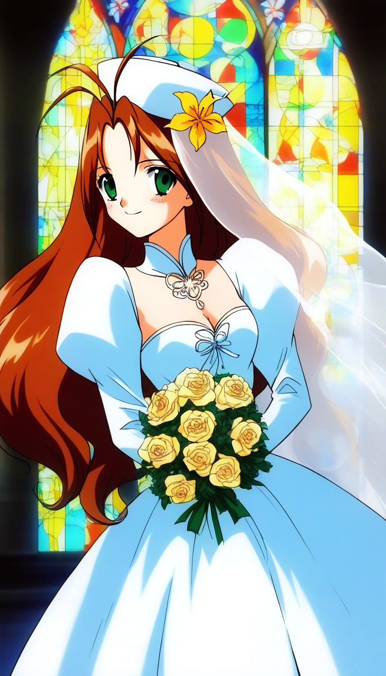 score_9, score_8_up, score_7_up, source_anime, rating_explicit, BREAK <lora:Tanima_Yuri_XL:1>Tanima_Yuri, 1girl, solo, long hair, brown hair, green eyes, antenna hair, breasts, 1990s (style), anime coloring, smile,
light blue dress,  flower, wedding church, flower, bouquet, church, Stained glass,holylight, hat. white hat,
hair flower, hair ornament, smile, puffy sleeves, long sleeves, 
juliet sleeves, bridal veil, bow,