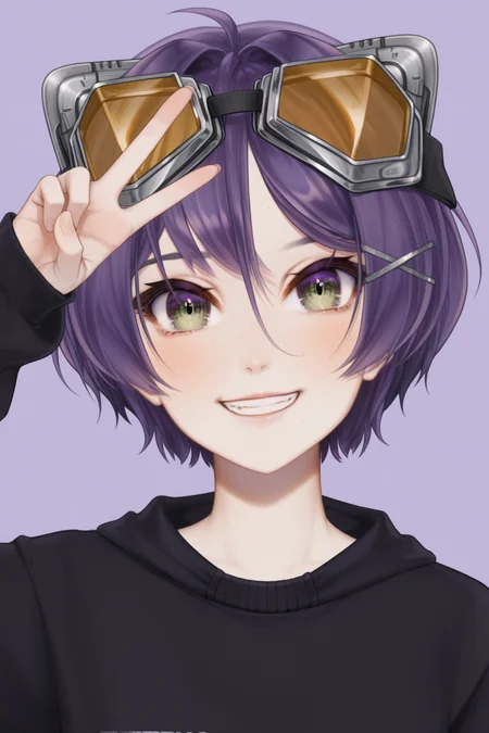 score_9, score_8_up, score_7_up, 1girl, portrait, short hair, purple hair, light green eyes, looking at viewer, jeanfaymas, purple background, eyelashes, grin, happy, side view
officialjets, hair ornament, interface headset, (black hoodie, goggles on forehead)
<lora:jeanfaymas-pxl:1>
upper body, dynamic angle, posing, (v), chin up, raised chin, head tilt