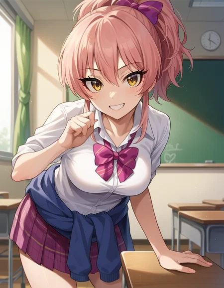 score_9, score_8_up, score_7_up, source_anime,
mikajougasaki, <lora:mika-jougasaki-ponyxl-lora-nochekaiser:1>
mika jougasaki, hair bow, long hair, pink hair, yellow eyes, ponytail, smile,
bow, clothes around waist, plaid, plaid skirt, school uniform, skirt, sweater, sweater around waist,
indoors, classroom, bent over,
looking at viewer, dutch angle, cowboy shot,