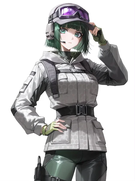 1girl,ela \(rainbow six siege\),masterpiece,masterpiece,best quality,newest,absurdres,highres,incredibly absurdres,very aesthetic,
ryuuzaki ichi,quasarcake,modare,(horn/wood,3 \(sanyako1\),diyokama:0.7),
standing,cowboy shot,goggles on head,looking at viewer,grey hat,
white background,
<lora:hand 5.5:1>,<lora:ela illu-000015:1>
