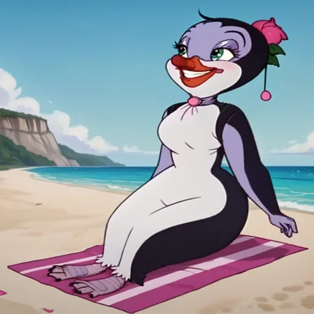 score_9, score_8_up, score_7_up, BREAK, 1girl, female penguin, on the beach, cloud, green eyes, purple skin, bird, hairy, lying on a blanket, full body, hands on the back of her neck, smiling,