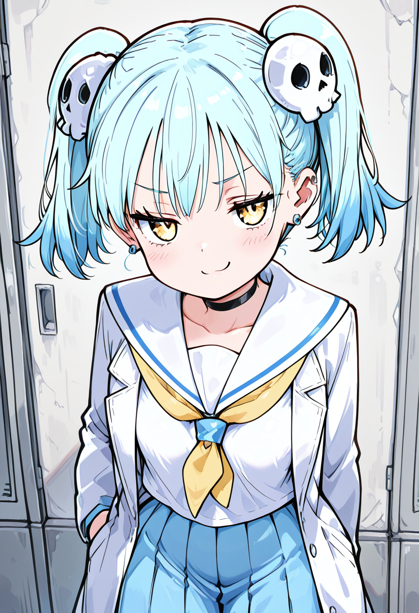 masterpiece, best quality, eyelashes, (beautiful eyes), 1girl, solo, (tsurime), smile, smug,  zzIzutsumi, yellow eyes, blue hair, short hair, twintails, short twintails, hair ornament, skull hair ornament, jewelry, earrings, choker, school uniform, serafuku, sailor collar, yellow neckerchief, blue skirt, pleated skirt, skirt,   <lora:IzutsumiMarin_NinKoro_IXL_v1:1.0>,