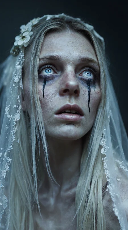 An extreme close-up portrait of a ghostly young bride, her pale, ethereal and translucent face bathed in an eerie, soft light.
She tilts her head upward, her glowing blue eyes filled with sorrow, as thick, ice blue tears stream down her cheeks, leaving dark, inky trails against her ashen, almost translucent skin.
Her expression is one of utter sorrow, her slightly parted lips trembling as if caught in a silent wail of grief.
Her delicate and translucent wedding veil, tattered and frayed with age, drapes over her hair and shoulders, blending into the misty, blurred background.
Wisps of her disheveled, silvery-white hair escape from beneath the fabric, moving slightly as if stirred by an invisible wind.
The lighting is moody and cinematic, with a faint glow illuminating her features, creating a stark contrast between her haunting beauty and the dark tears of sorrow.
The background is intentionally obscured, fading into a ghostly haze of cold blues, grays, and deep shadows, reinforcing the supernatural and tragic atmosphere.
The overall composition is intimate and unsettling, drawing the viewer into the raw, heartbreaking pain of this ethereal, weeping phantom bride.