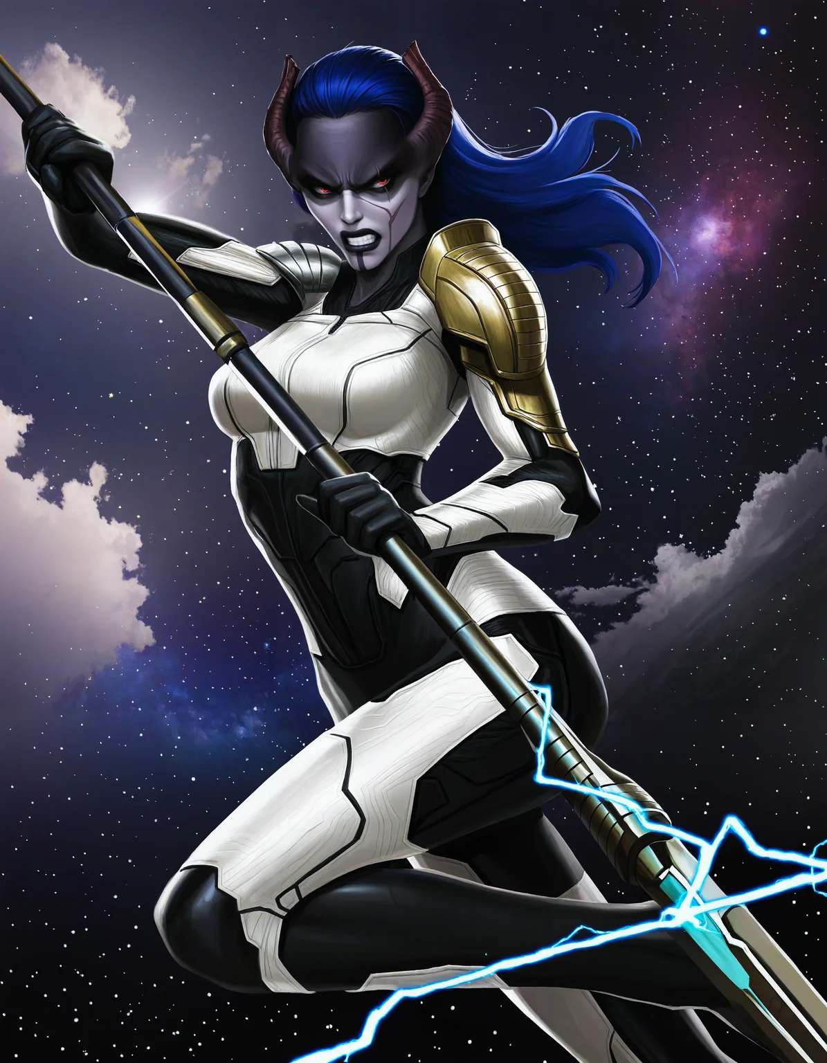 safe, masterpiece, very aesthetic, dramatic lighting, space, nebula, stars, cloud, dutch angle
BREAK 1girl, proximamcu, colored skin, mature female, muscular, bodysuit, shoulder armor, holding staff, dramatic pose, floating, face scar, clenched teeth, fierce, electricity
<lora:ProximaMidnight-MCU_NAIXL_v10-000030:1>