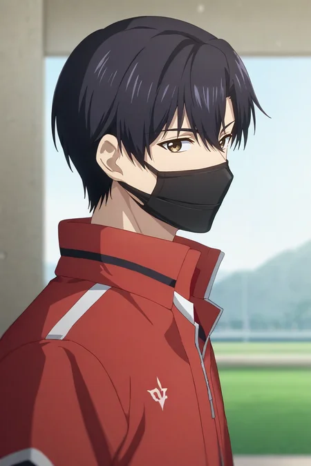 score_9, score_8_up, score_7_up,score_6_up,score_5_up,score_4_up,source_anime,BREAK, rating_safe, intricate details , , , anime screencap, anime coloring, official style, depth of field,1boy, solo, male focus , , ,<lora:ye_xiu:0.90>,ye xiu,black hair,brown eyes, short hair,Looking at viewer,jacket, upper body, collared shirt, blurry, open jacket, blurry background,black mask, red jacket,esport jacket, track clothes, mouth mask, covered mouth,from side, , ,
  <lora:sdxl_lightning_8step_lora_315544:1>