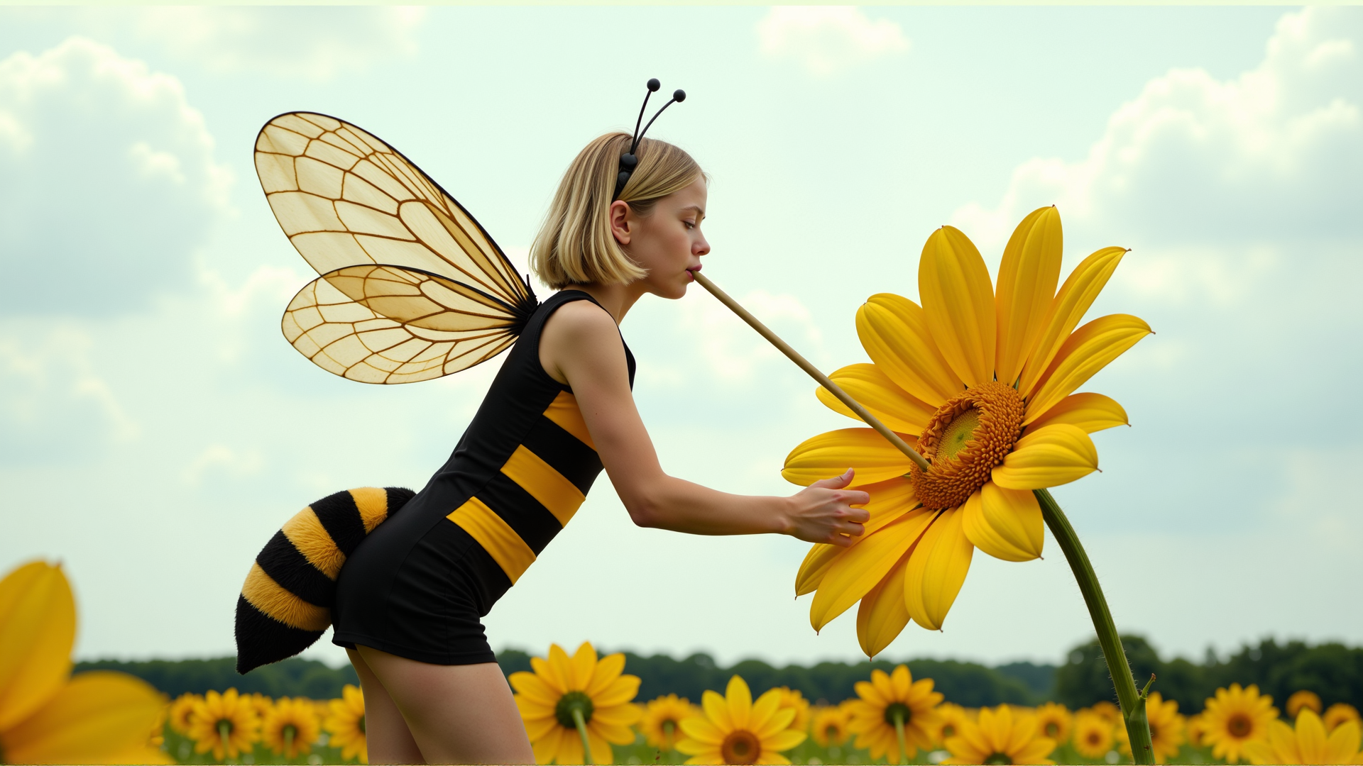cinematic photo a (25 year old girl:1.5), she has huge bee wings attached to her back and bee antennae attached to her head, she's wearing a( black and yellow:1.2) horizontally striped figure hugging lycra minidress, the dress has a human sized (fuzzy bee abdomen attached sticking out at the butt:1.3)
she has blonde hair in a bob cut, she has a slim figure and long legs, she has medium sized breasts
she's hovering in midair in front of a enormous flower, the flower is bigger than the girl, ready to drink it's nectar through a long straw, the straw is held in her hand with the end (stuck into the flower:1.3)
she's in a meadow of enormous wild flowers,, score_9, score_8_up, score_7_up, hyperdetailed, hyperrealistic,  best quality, (masterpiece:1.3),high-definition, intricate details, volumetric lighting, symmetrical face, level eyes, . 35mm photograph, film, bokeh, professional, 4k, highly detailed
